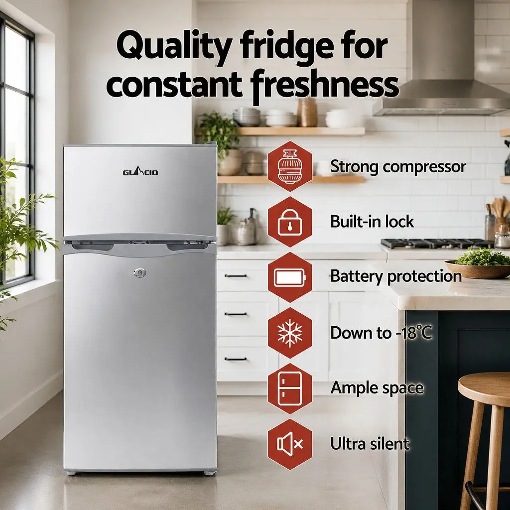 100L Portable Fridge Freezer for Camping and Caravans Silver with 12V 24V 240V Power Options and Adjustable Temperature Control