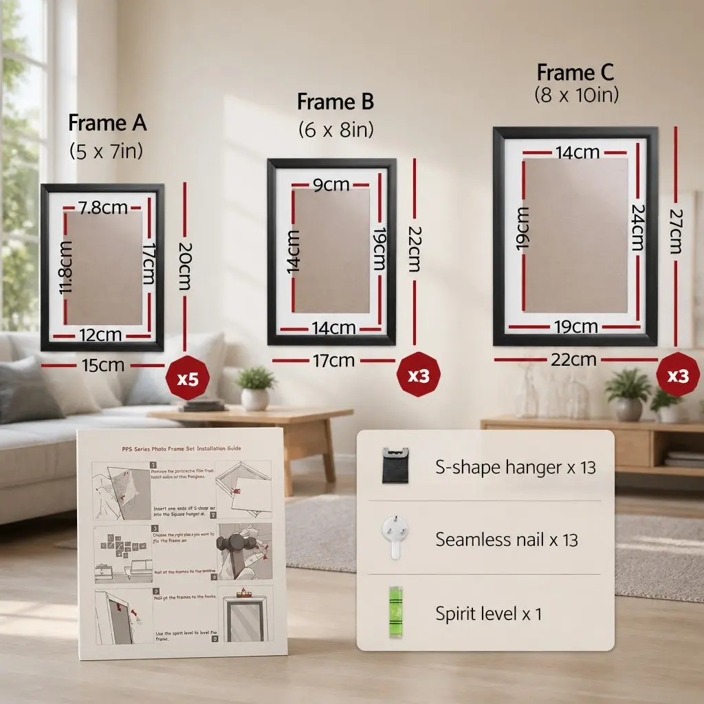 11-Piece Black Photo Frame Set with Multiple Sizes
