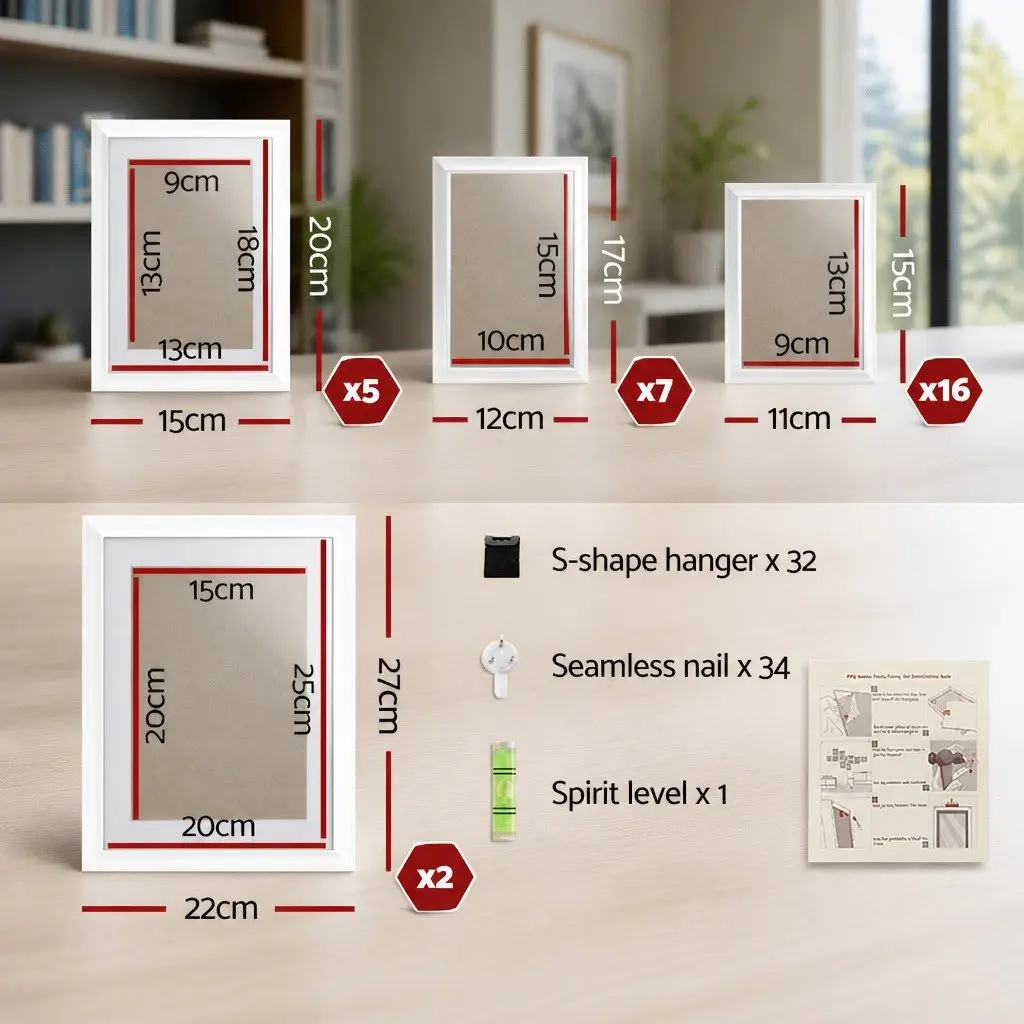 30 Piece White Photo Frame Set for Wall Display Multiple Sizes Portrait Landscape Arrangement