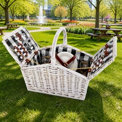 2 Person Picnic Basket Set Willow Vintage Insulated Blanket Wine Glasses Cutlery