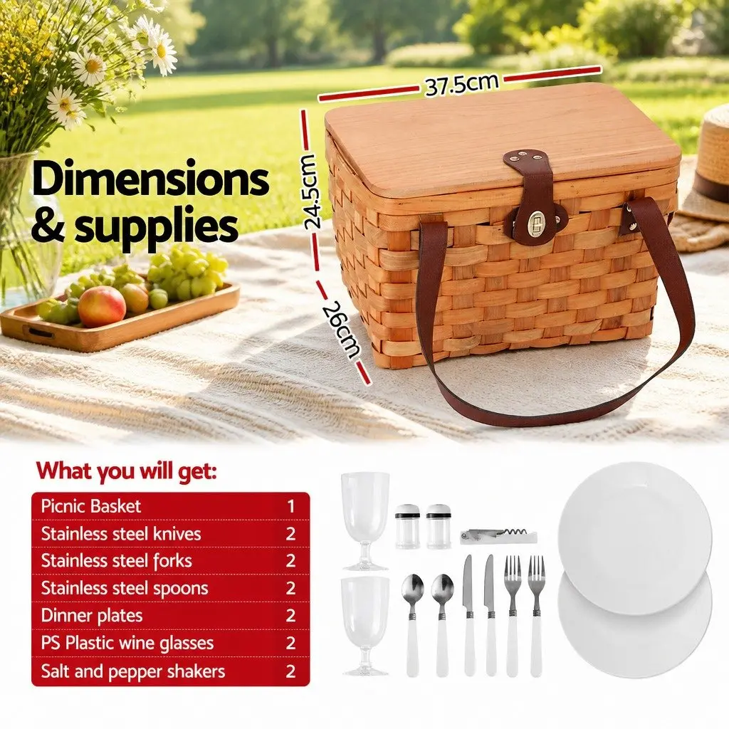 Picnic Basket Outdoor Use 2 Person Willow Cooler Bag Accessories