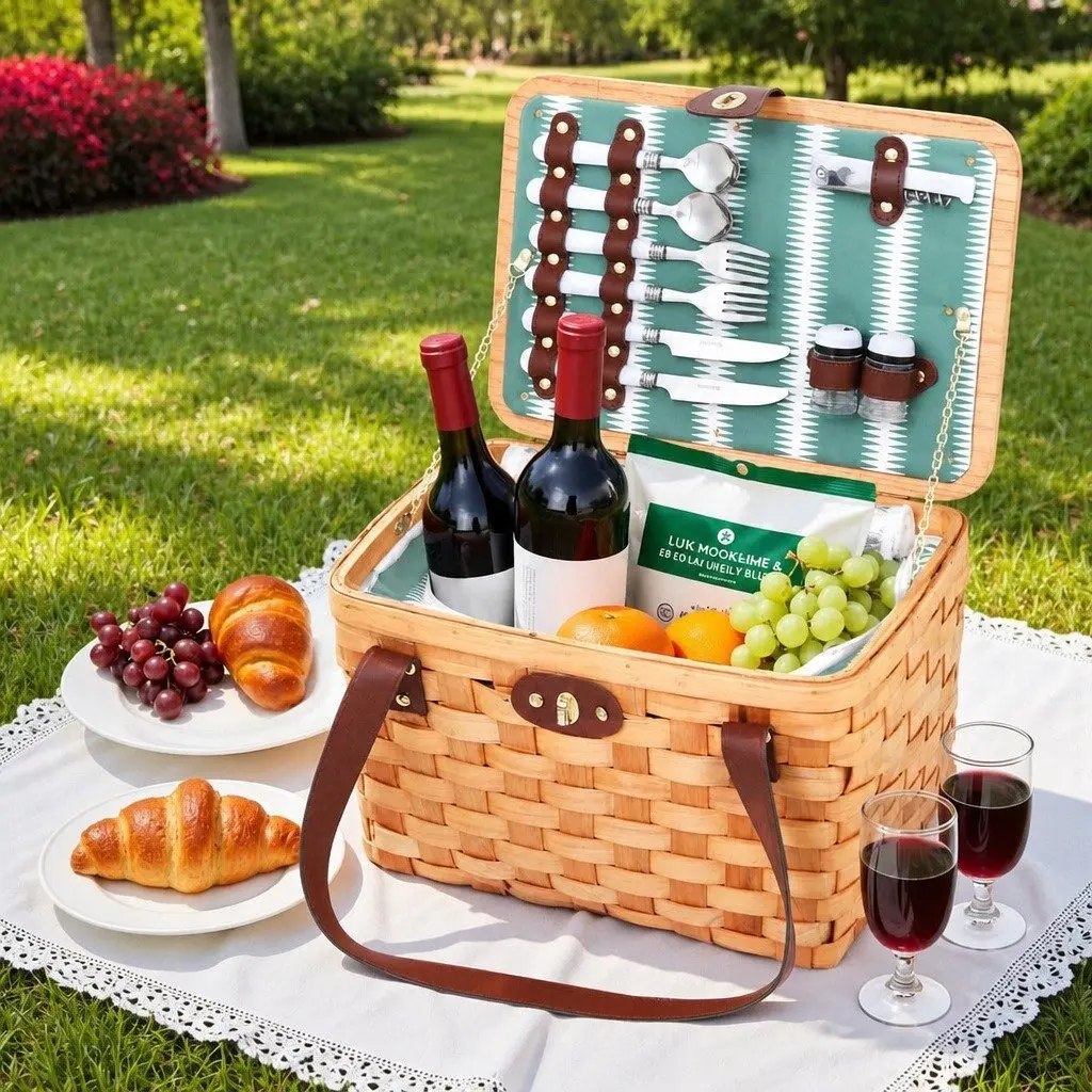 Picnic Basket Outdoor Use 2 Person Willow Cooler Bag Accessories