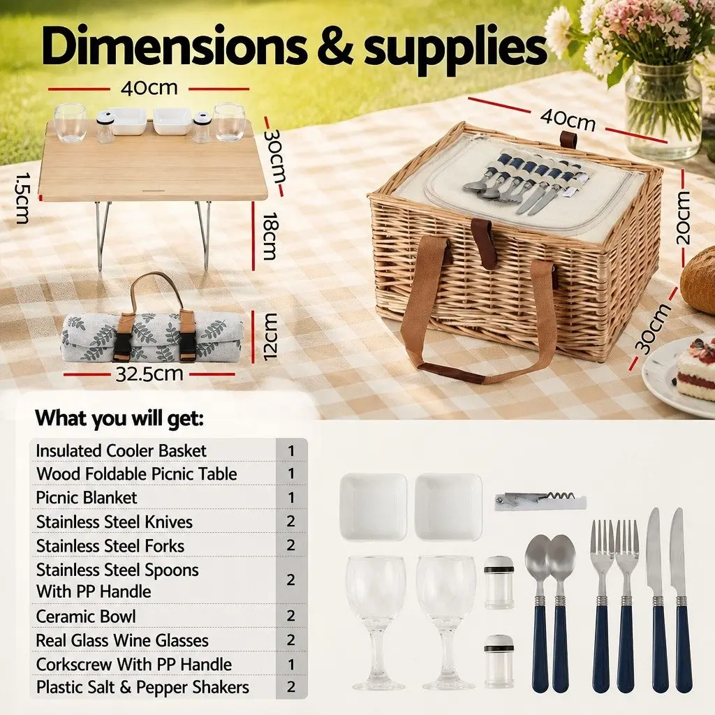 Picnic Basket Set for 2 Person Outdoor Use Willow Woven with Wood Table Blanket Cooler