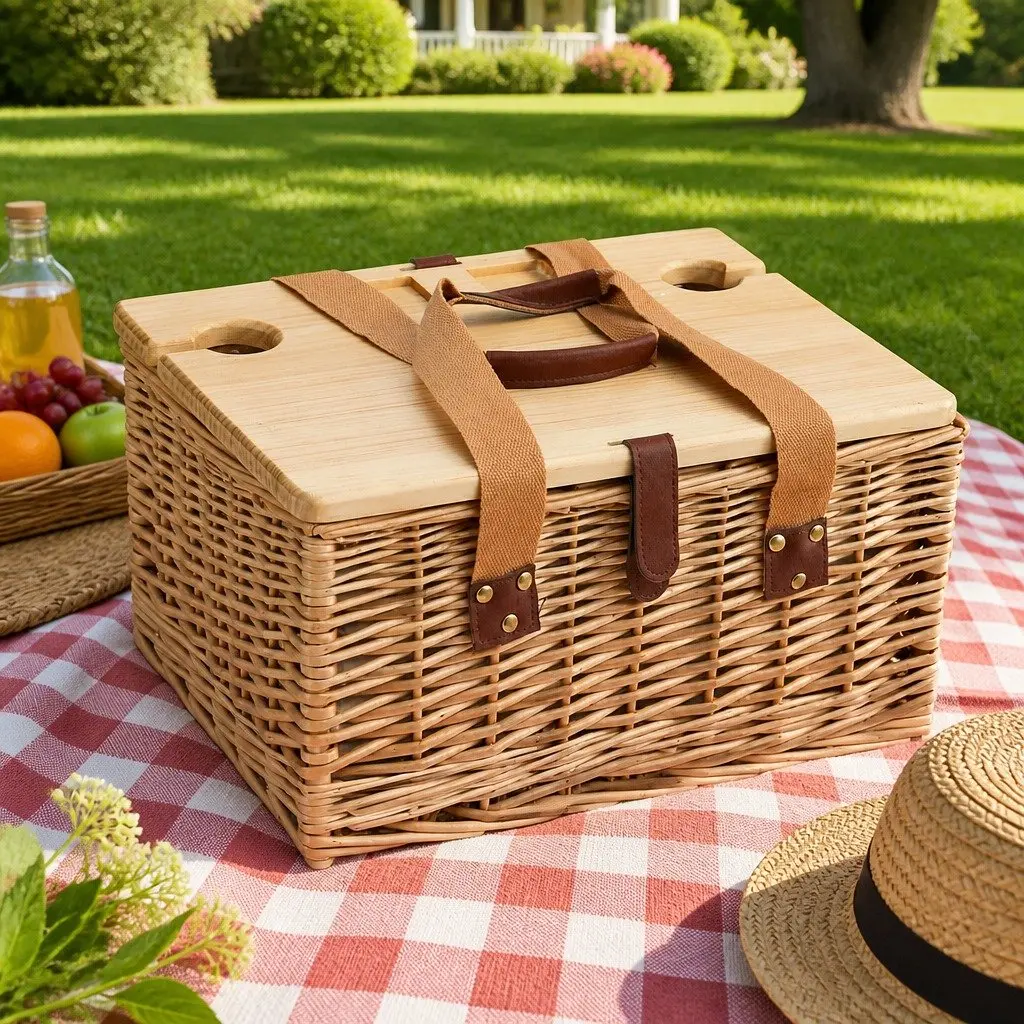Picnic Basket Set for 2 Person Outdoor Use Willow Woven with Wood Table Blanket Cooler