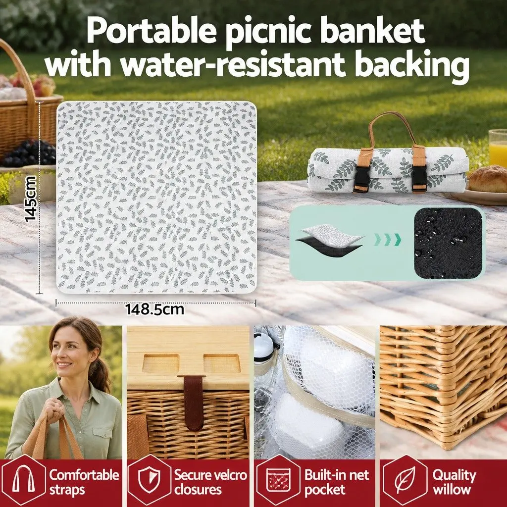 Picnic Basket Set for 2 Person Outdoor Use Willow Woven with Wood Table Blanket Cooler
