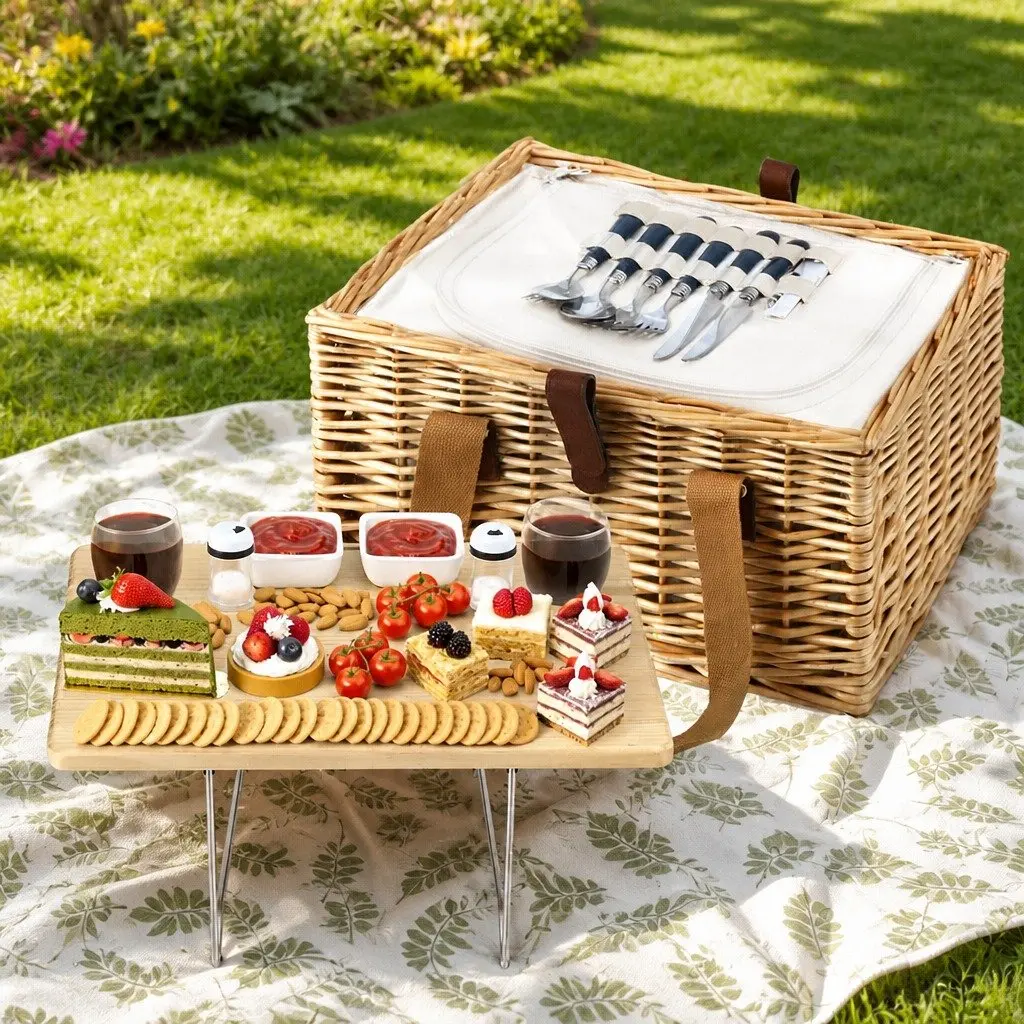 Picnic Basket Set for 2 Person Outdoor Use Willow Woven with Wood Table Blanket Cooler