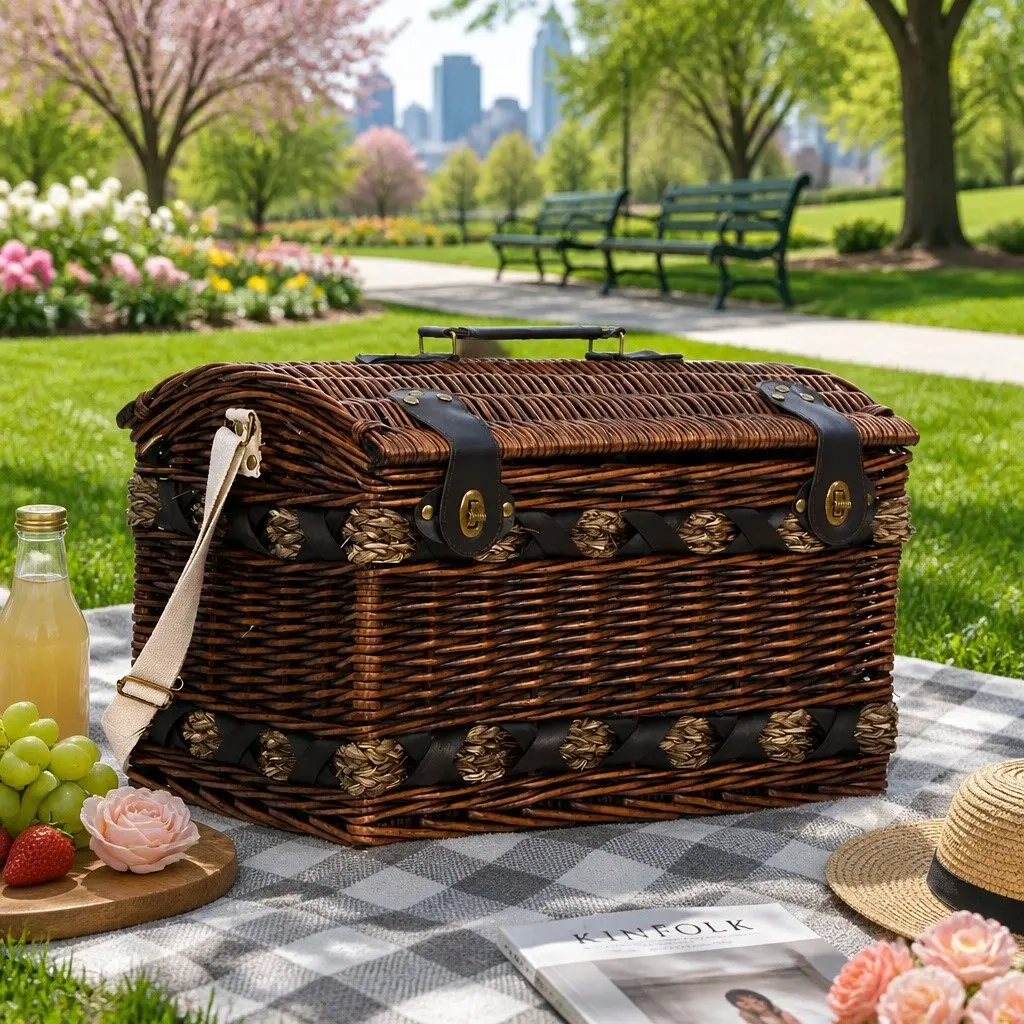 4 Person Picnic Basket Set Outdoor Camping Travel Willow Wooden Insulated Cooler