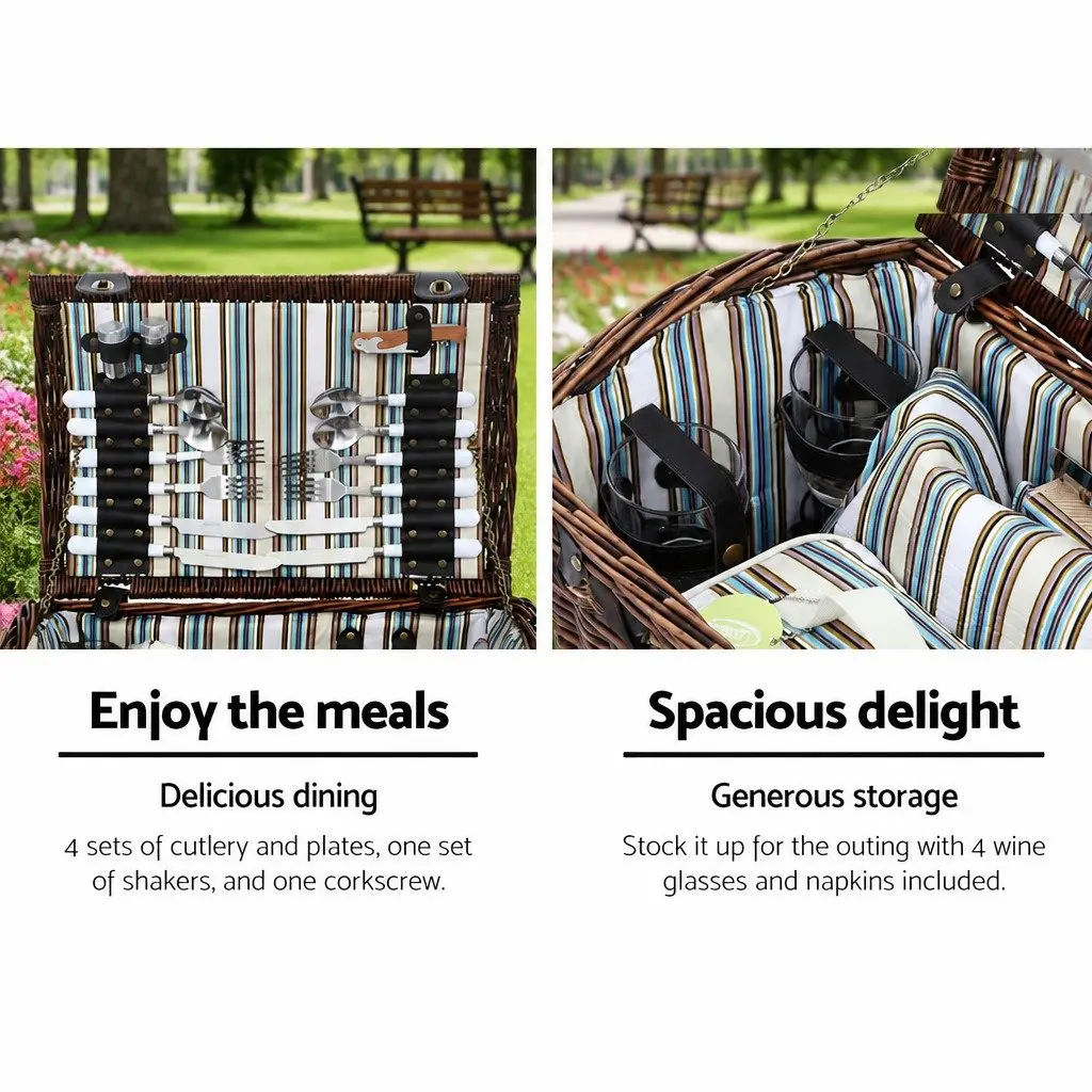 4 Person Picnic Basket Set Outdoor Camping Travel Willow Wooden Insulated Cooler