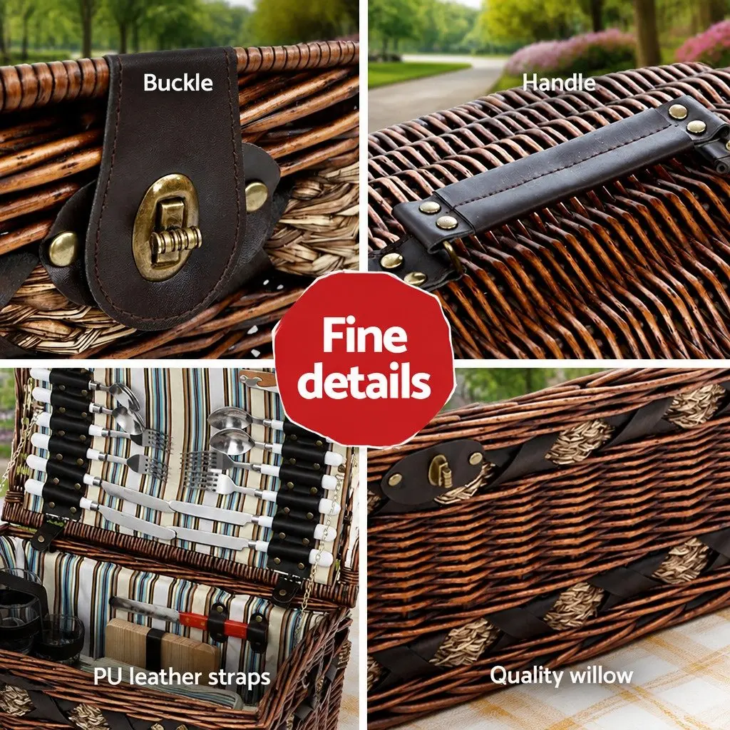4 Person Picnic Basket Set Outdoor Camping Travel Willow Wooden Insulated Cooler
