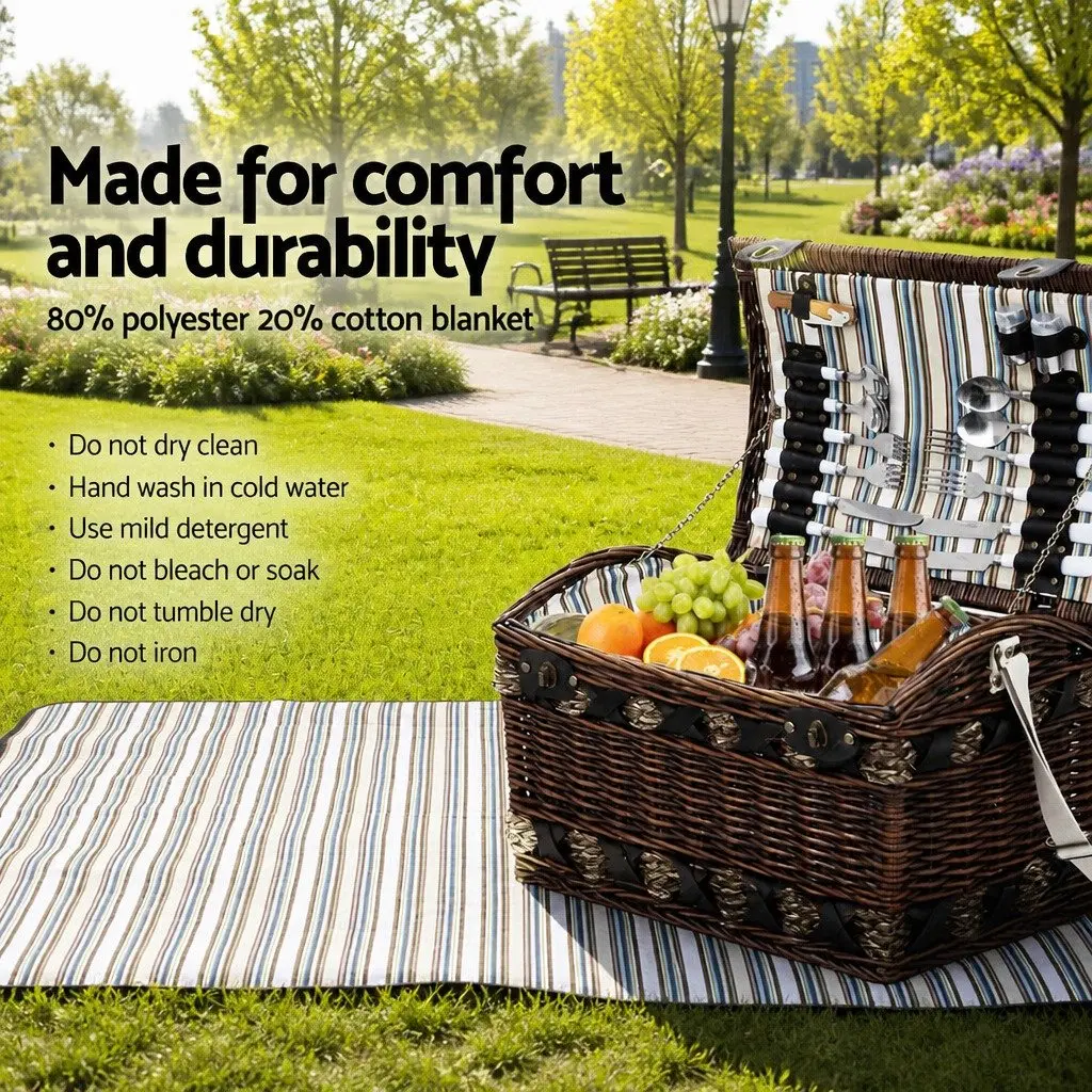 4 Person Picnic Basket Set Outdoor Camping Travel Willow Wooden Insulated Cooler