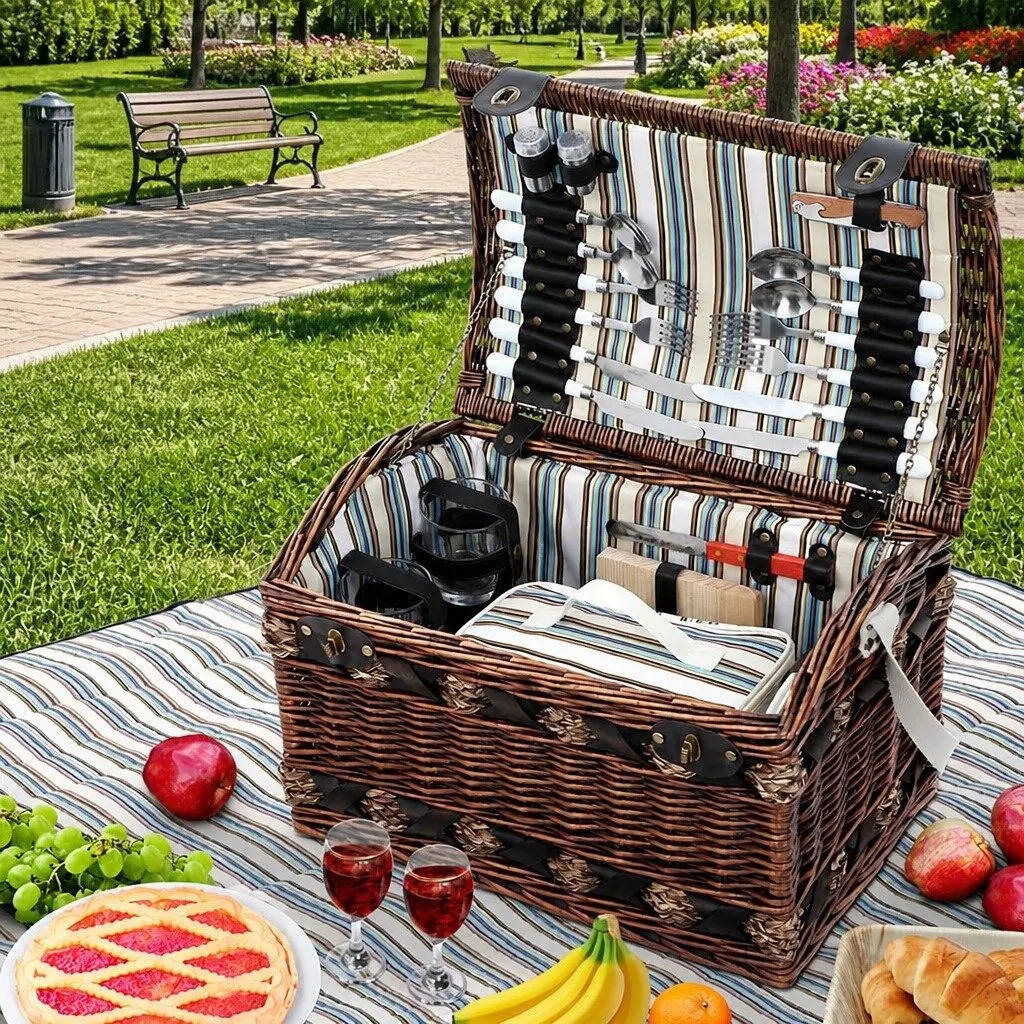 4 Person Picnic Basket Set Outdoor Camping Travel Willow Wooden Insulated Cooler