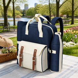 4-Person Insulated Picnic Backpack Set with Dimensions