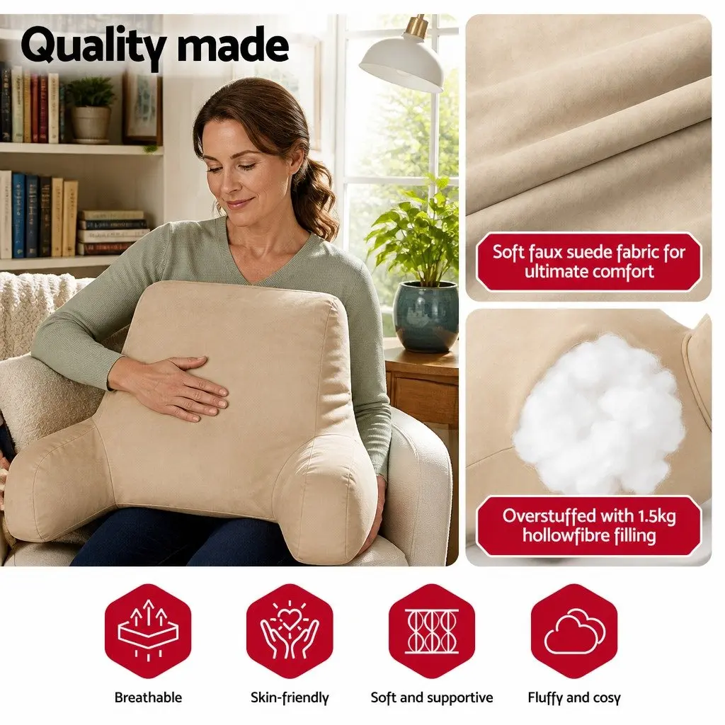 Lumbar Support Reading Pillow Cushion Oatmeal Ergonomic with Armrests for Bed 49x49x15cm