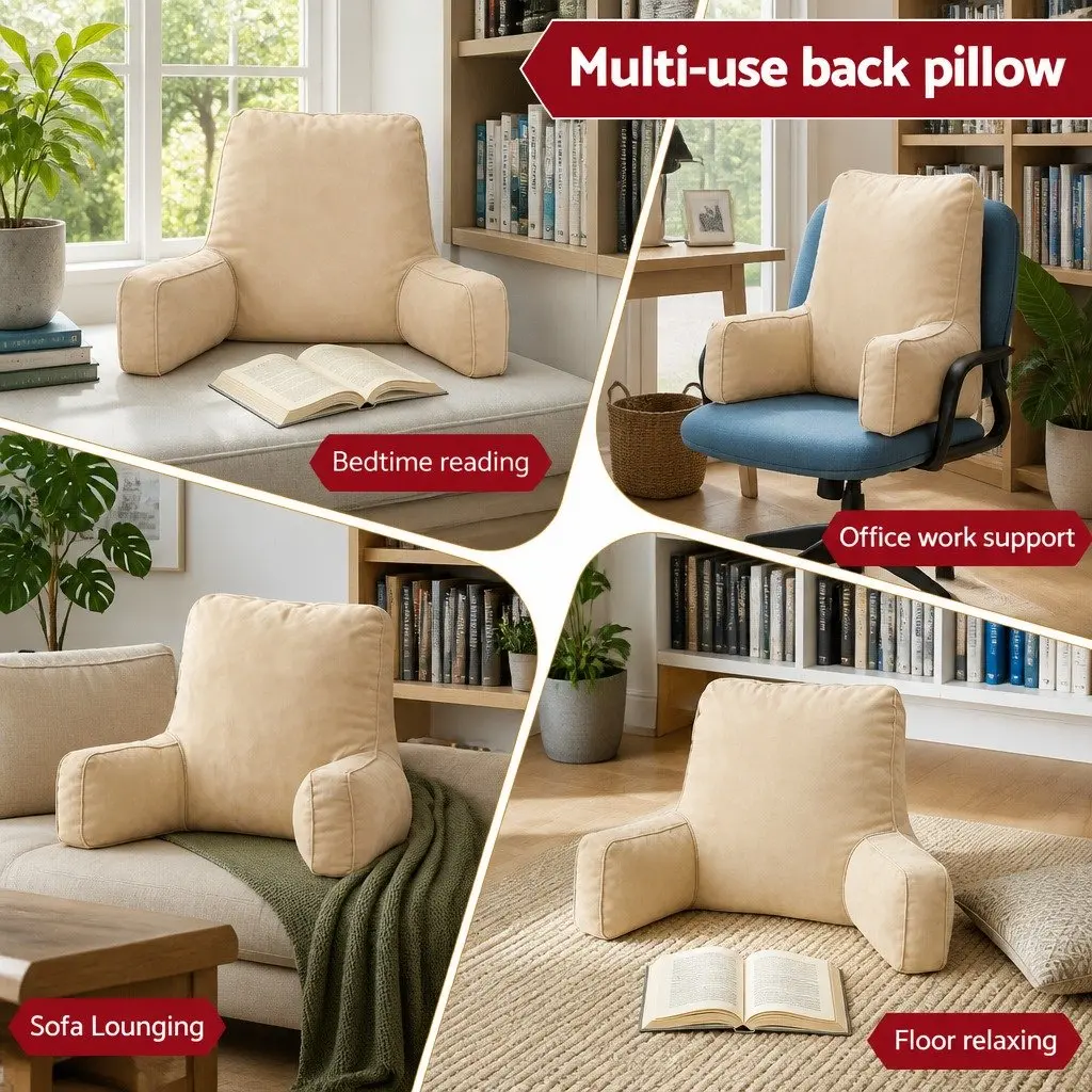 Lumbar Support Reading Pillow Cushion Oatmeal Ergonomic with Armrests for Bed 49x49x15cm