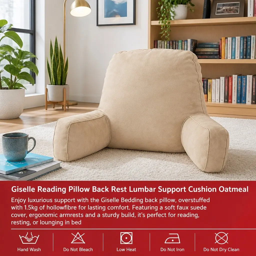 Lumbar Support Reading Pillow Cushion Oatmeal Ergonomic with Armrests for Bed 49x49x15cm