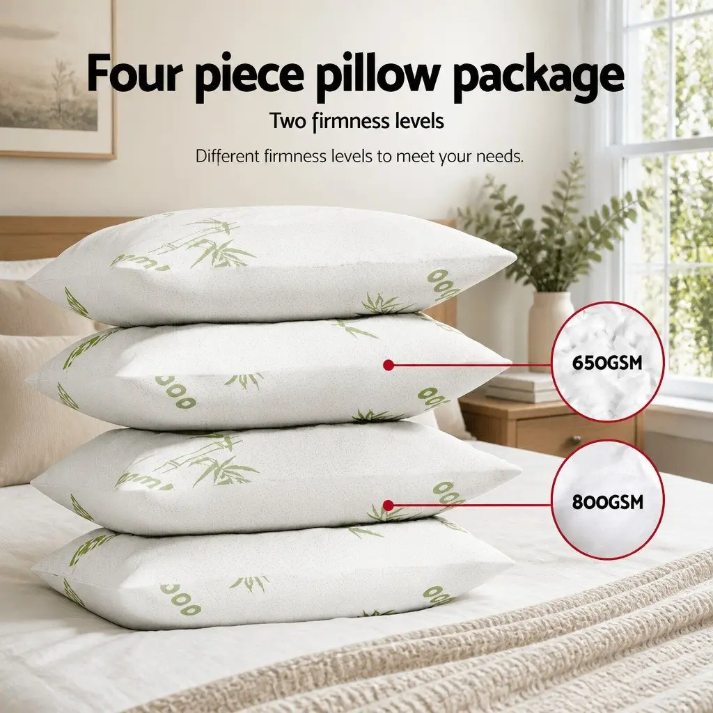 Bamboo Pillow 4 Pack Medium Firm Firm White Family Hotel Bedding Set