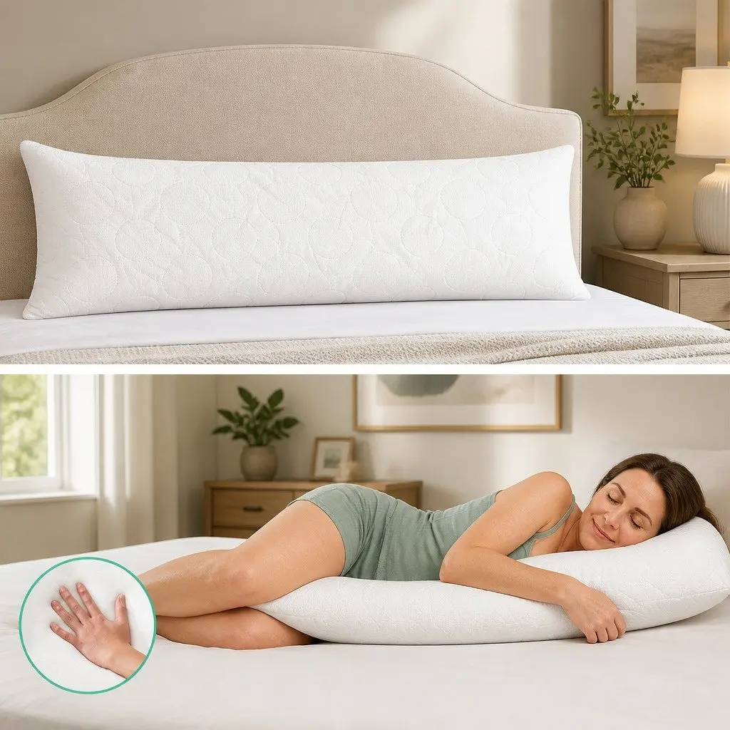 Body Support Pillow Full Length for Sleep and Relaxation 120 x 36 x 24 cm Memory Foam White Bamboo Cover Machine Washable