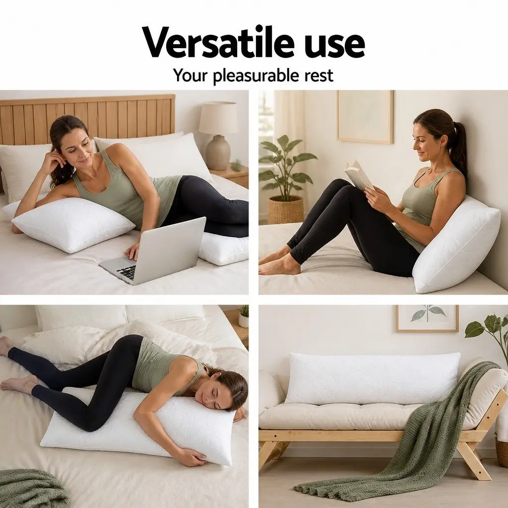 Body Support Pillow Full Length for Sleep and Relaxation 120 x 36 x 24 cm Memory Foam White Bamboo Cover Machine Washable
