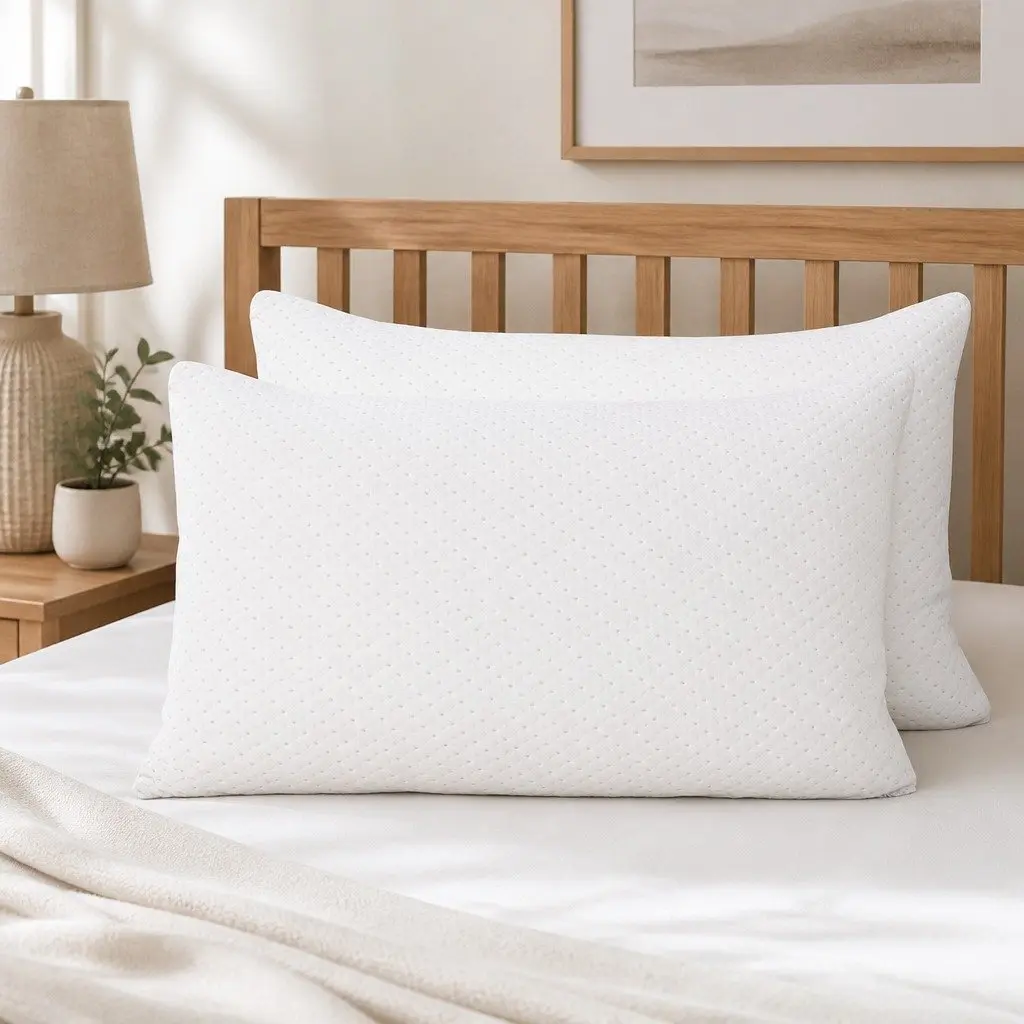 Memory Foam Pillow Twin Pack for Neck Support 73cm x 48cm White Shredded Gel-Infused Bamboo Cover
