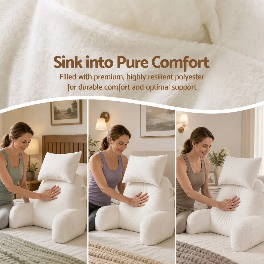 Reading Pillow for Bed with Detachable Neck Roll and Armrests Beige