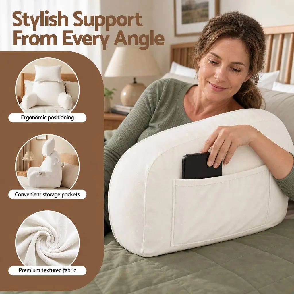 Reading Pillow for Bed with Detachable Neck Roll and Armrests Beige