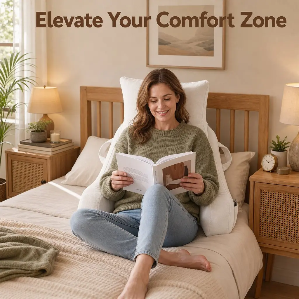 Reading Pillow for Bed with Detachable Neck Roll and Armrests Beige