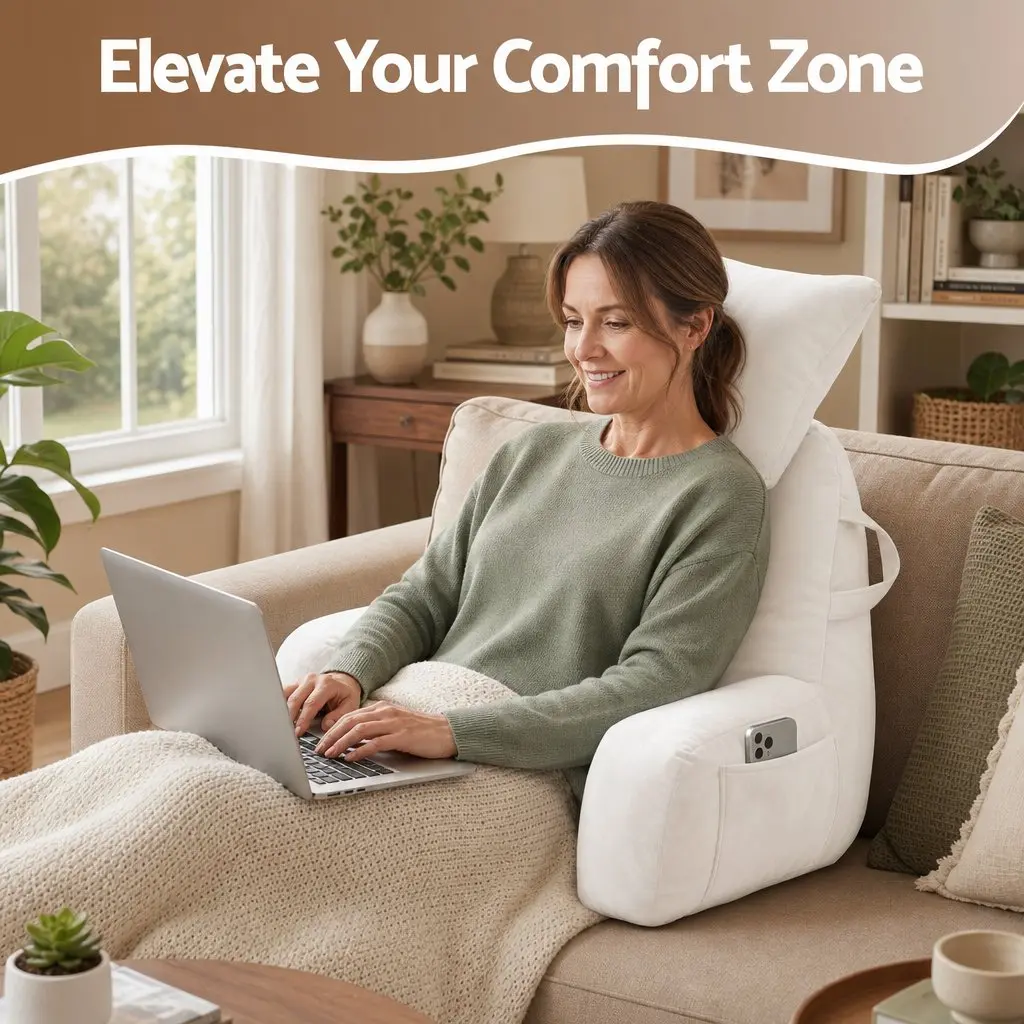 Reading Pillow for Bed with Detachable Neck Roll and Armrests Beige