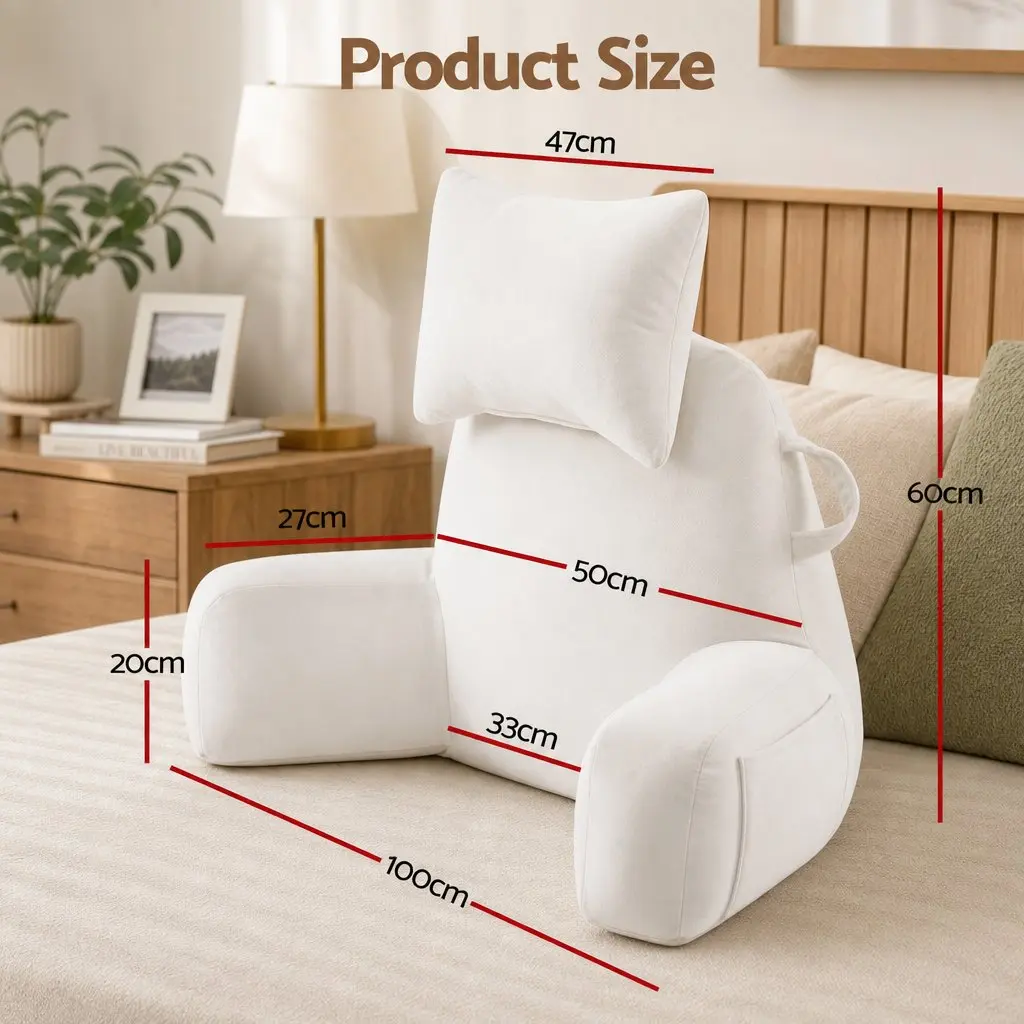 Reading Pillow for Bed with Detachable Neck Roll and Armrests Beige
