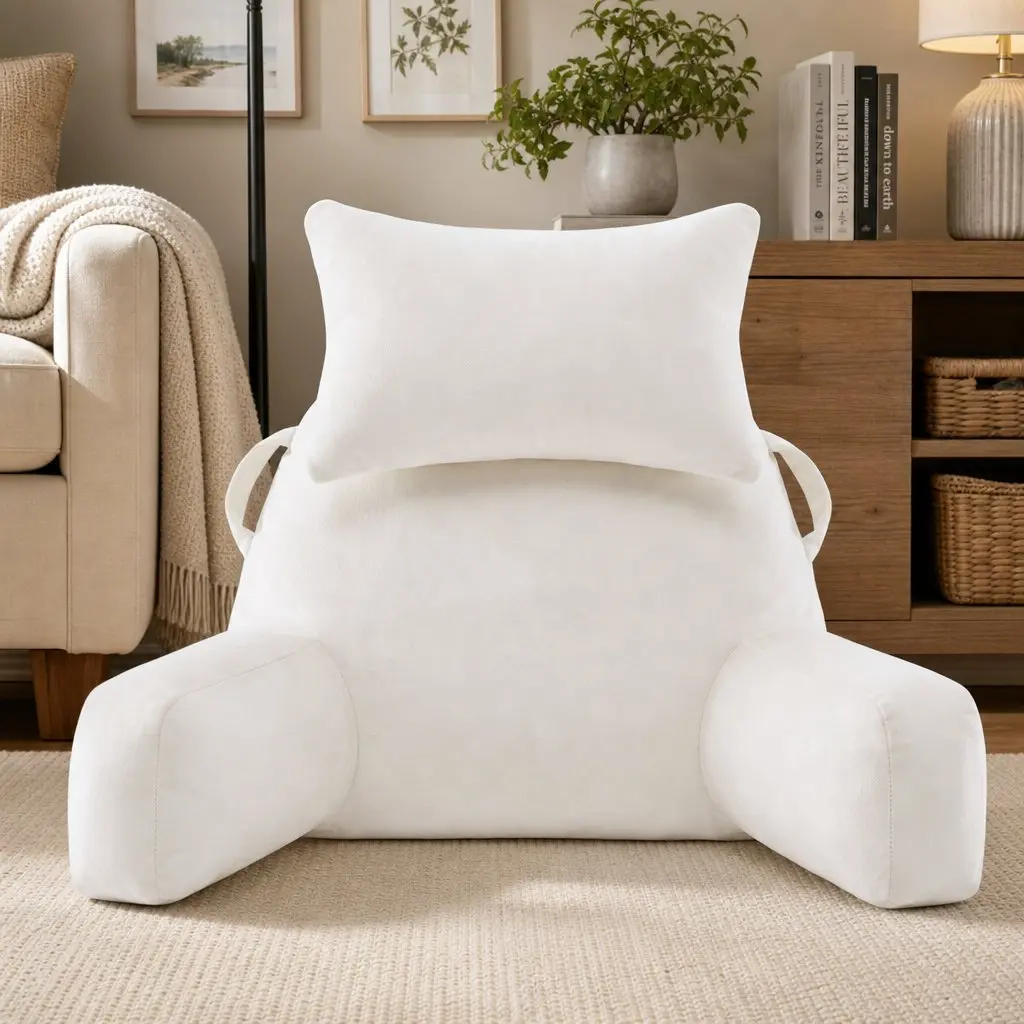 Reading Pillow for Bed with Detachable Neck Roll and Armrests Beige