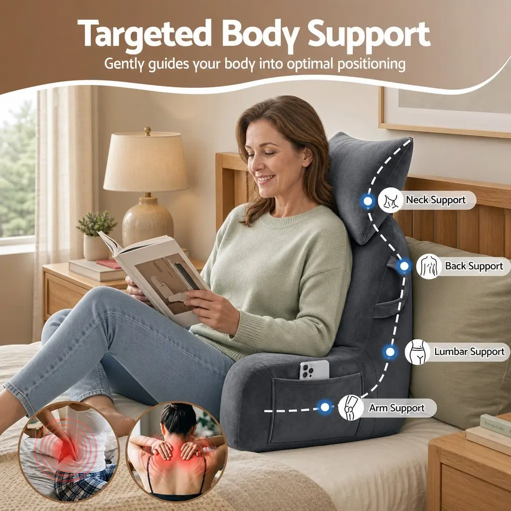 Reading Pillow for Lounging with Detachable Neck Roll Grey