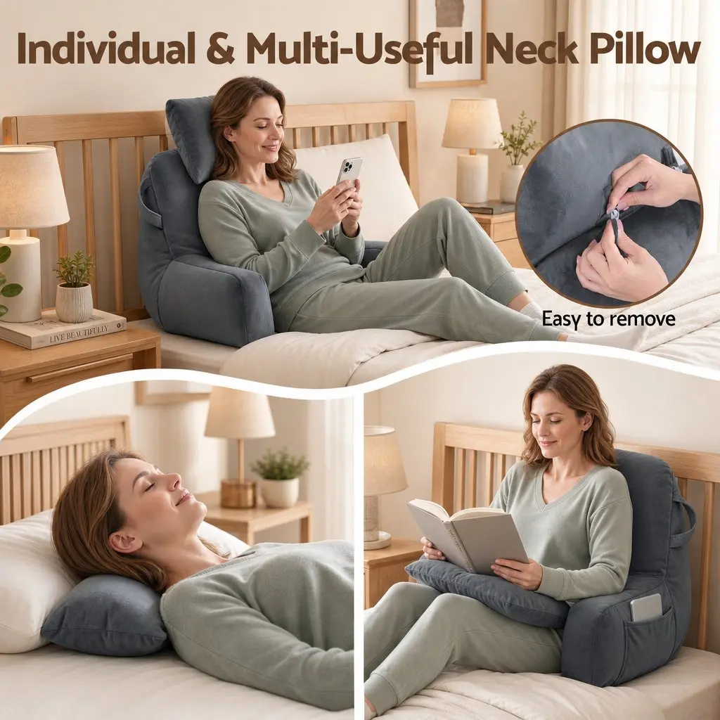Reading Pillow for Lounging with Detachable Neck Roll Grey
