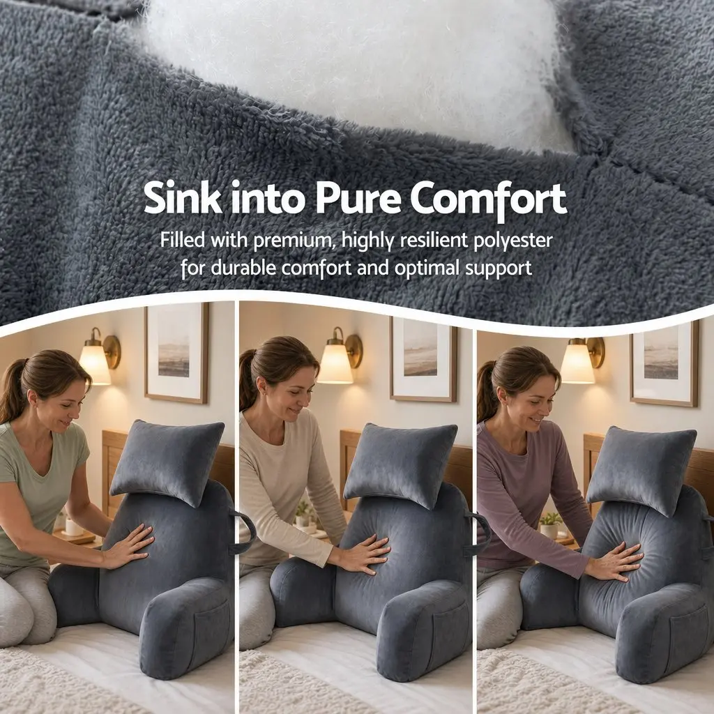Reading Pillow for Lounging with Detachable Neck Roll Grey
