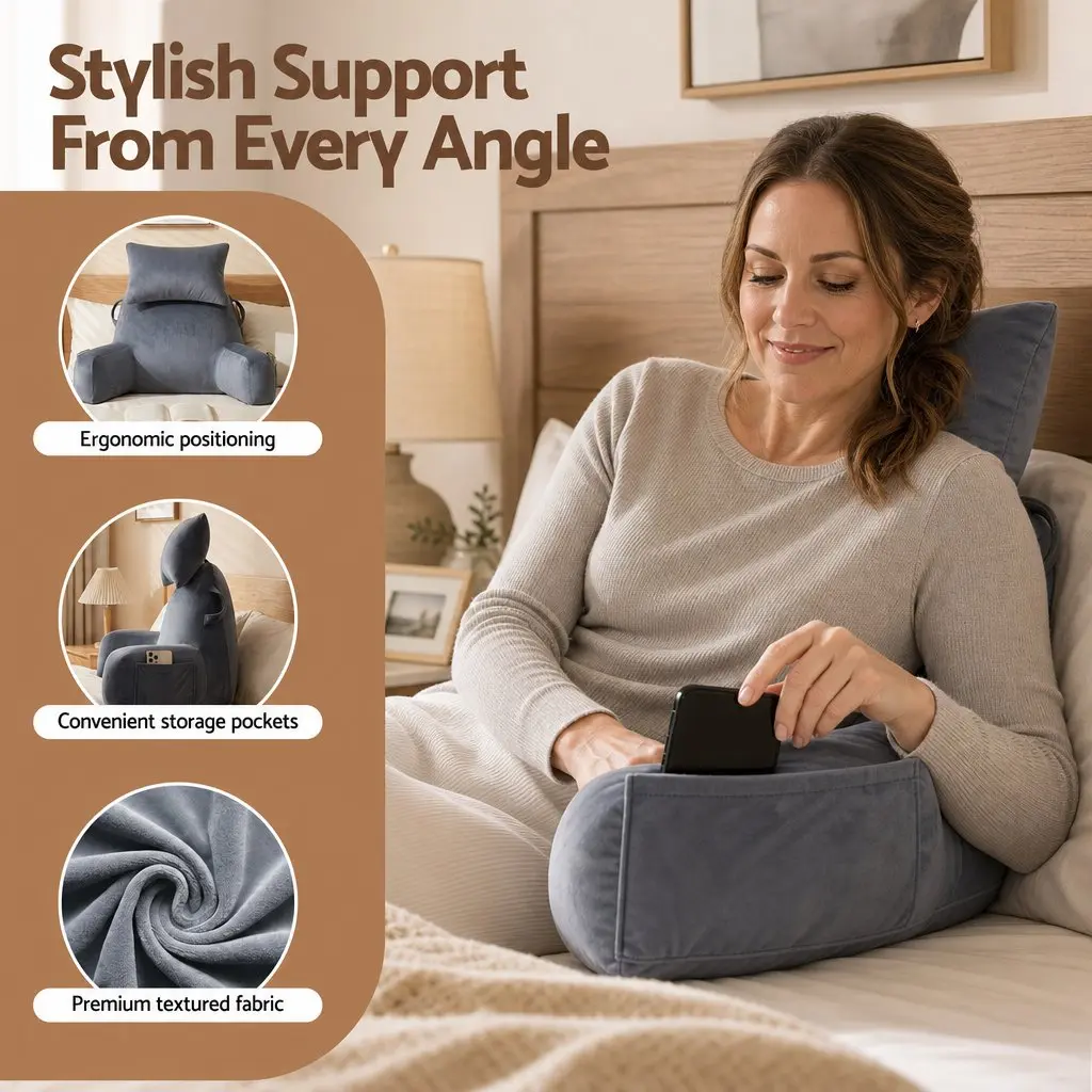 Reading Pillow for Lounging with Detachable Neck Roll Grey