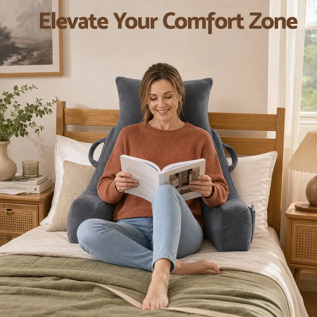 Reading Pillow for Lounging with Detachable Neck Roll Grey
