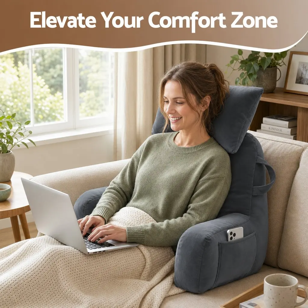 Reading Pillow for Lounging with Detachable Neck Roll Grey
