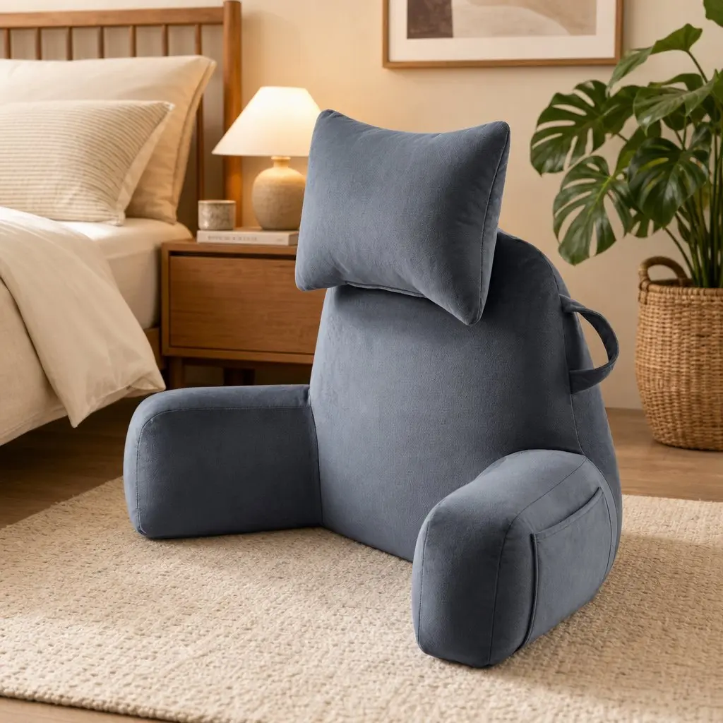 Reading Pillow for Lounging with Detachable Neck Roll Grey