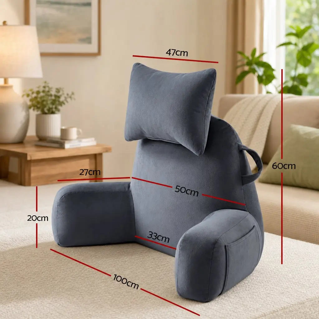 Reading Pillow for Lounging with Detachable Neck Roll Grey