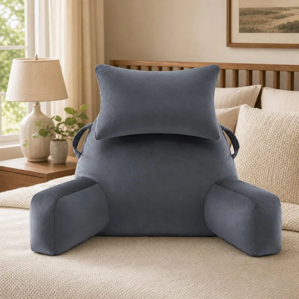 Reading Pillow for Lounging with Detachable Neck Roll Grey