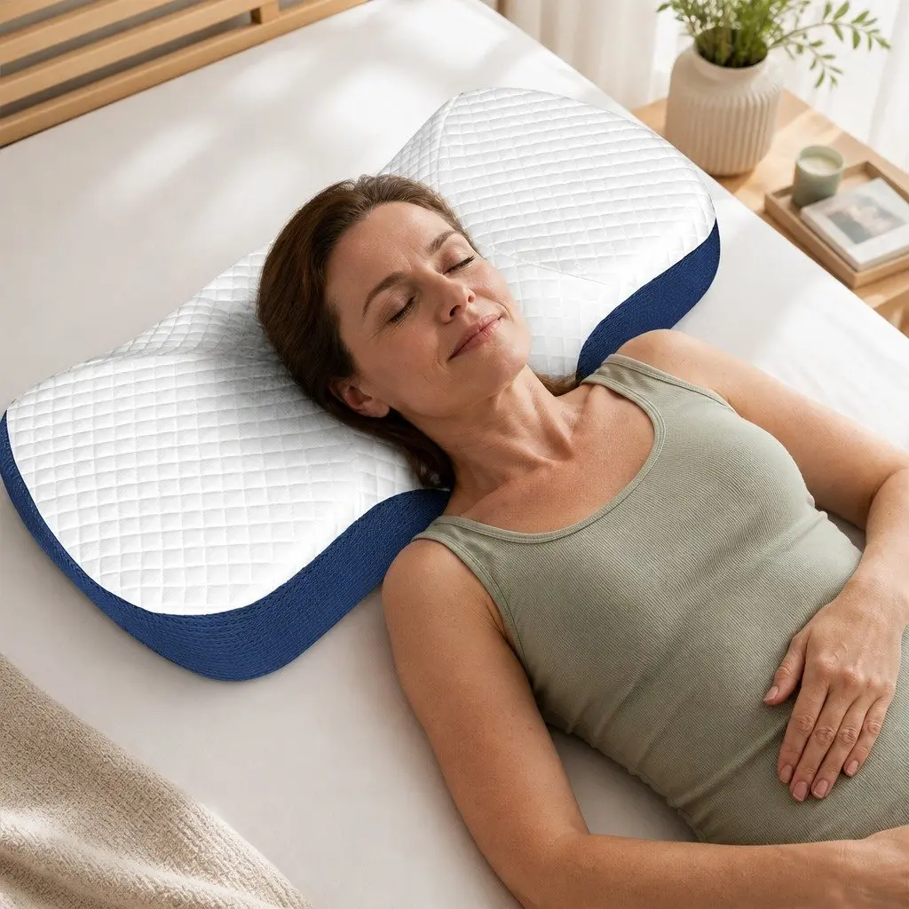Memory Foam Pillow Neck Support Ergonomic Design Breathable Pillowcase Blue