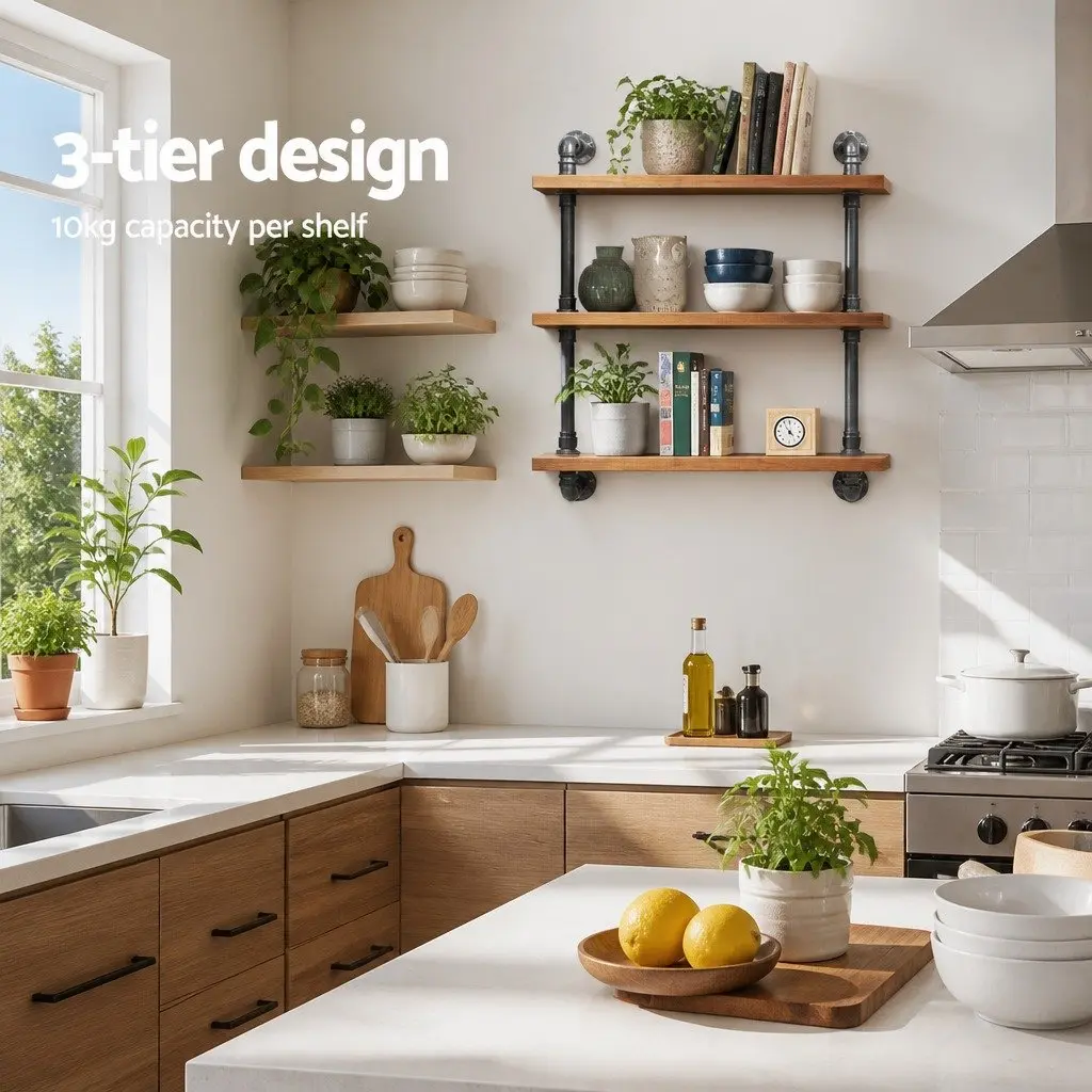 DIY Pipe Shelf 3 Tiers Rustic Industrial Wall Mounted Display Unit for Home Office Café 61 x 25 x 98.5cm