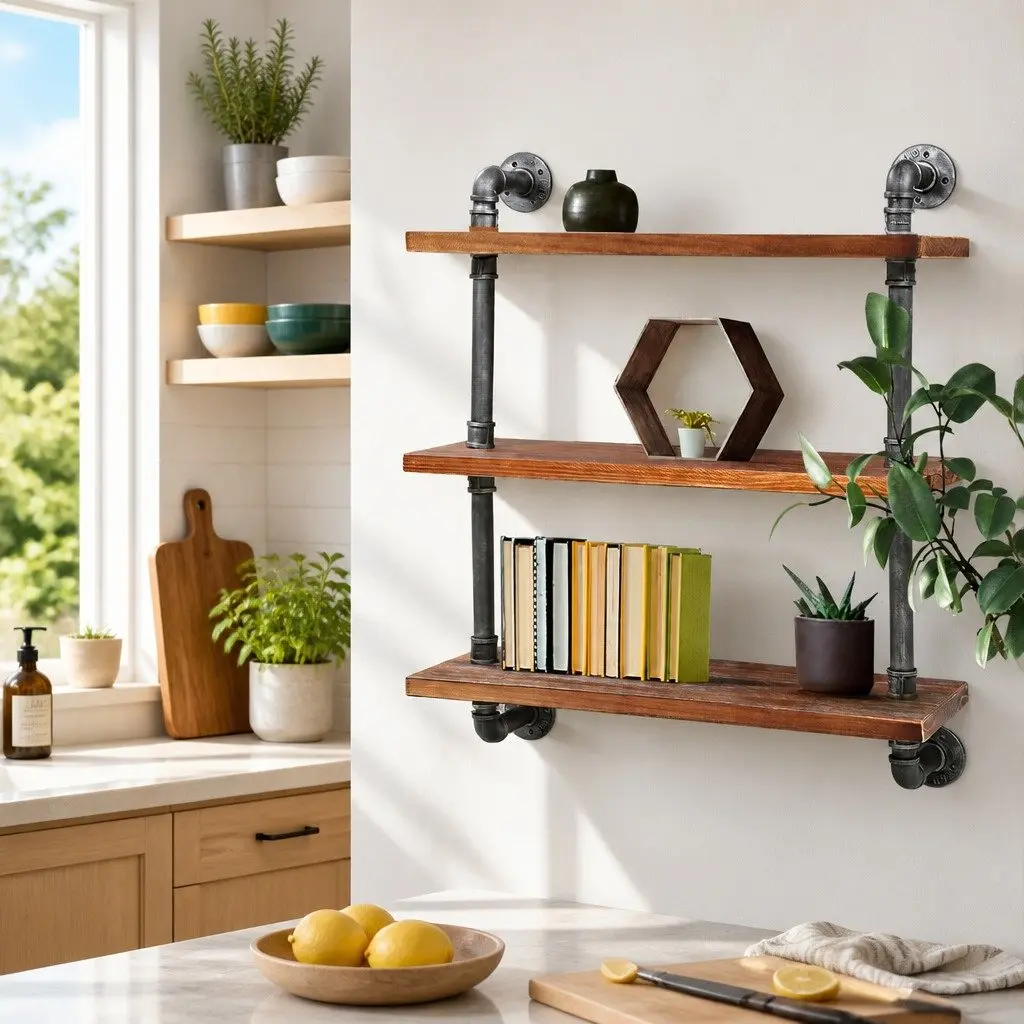 DIY Pipe Shelf 3 Tiers Rustic Industrial Wall Mounted Display Unit for Home Office Café 61 x 25 x 98.5cm