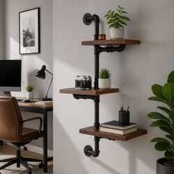 Industrial Pipe Shelf 3 Tier Floating Wall Mount DIY Rustic Timber Metal Brown