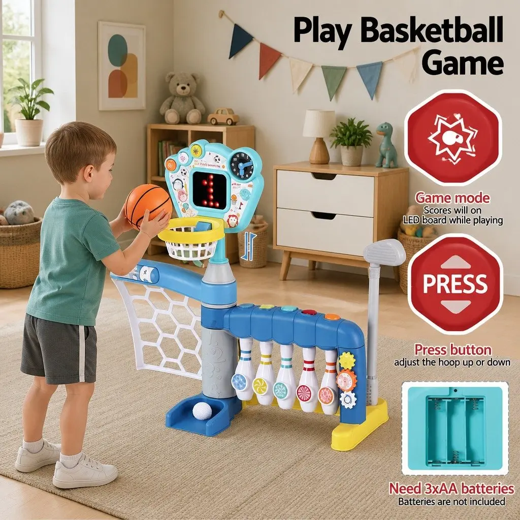 Kids 5-in-1 Sports Activity Centre Basketball Hoop Stand Bowling Baseball Golf