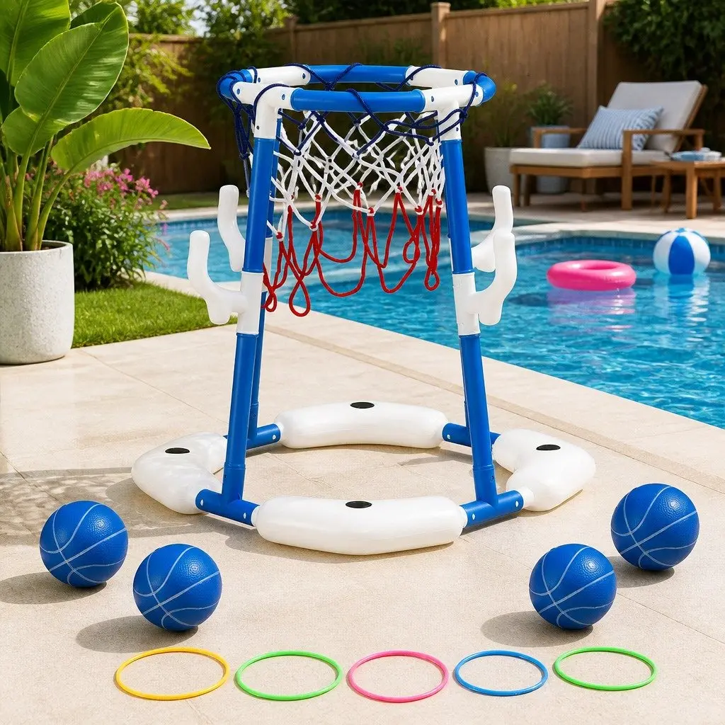 Kids Basketball Hoop Ring Toss Sports Activity Centre Indoor Outdoor Blue 43 x 33 x 77-105 cm