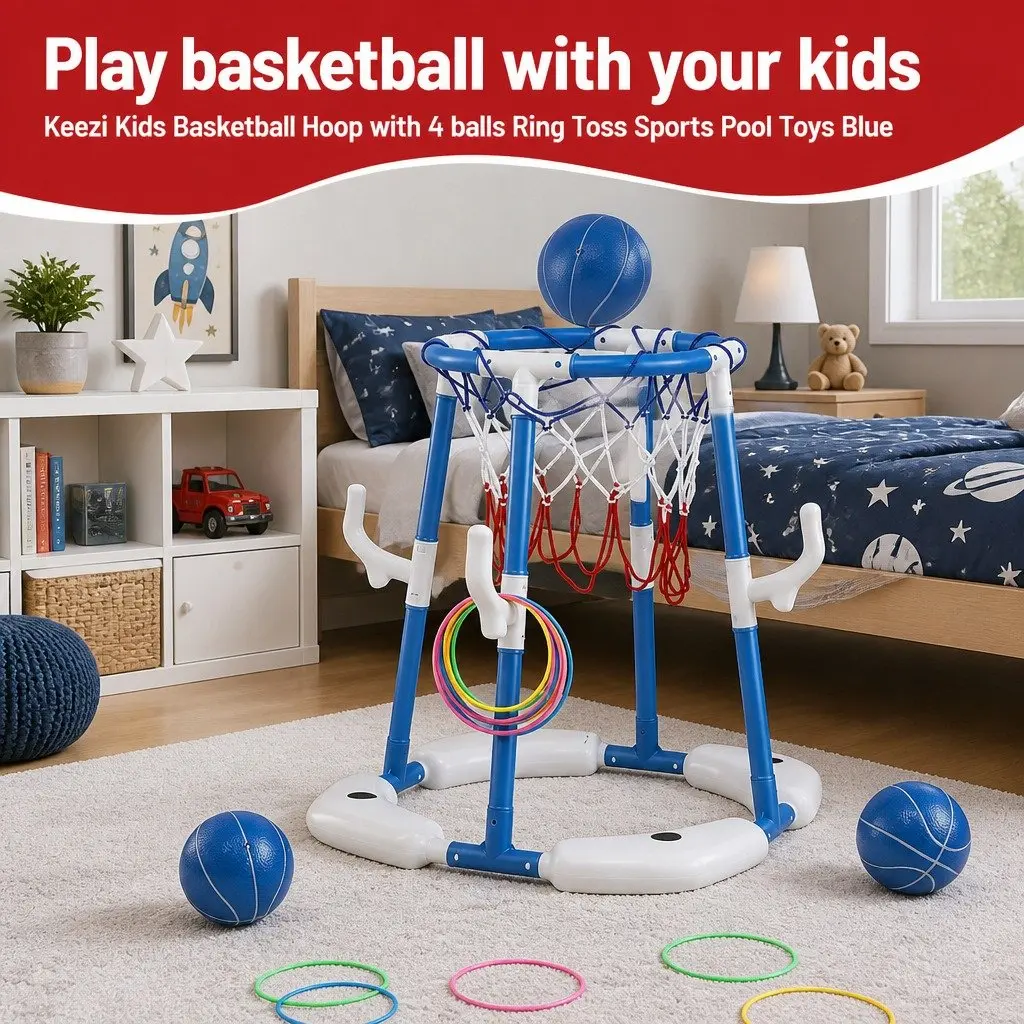 Kids Basketball Hoop Ring Toss Sports Activity Centre Indoor Outdoor Blue 43 x 33 x 77-105 cm