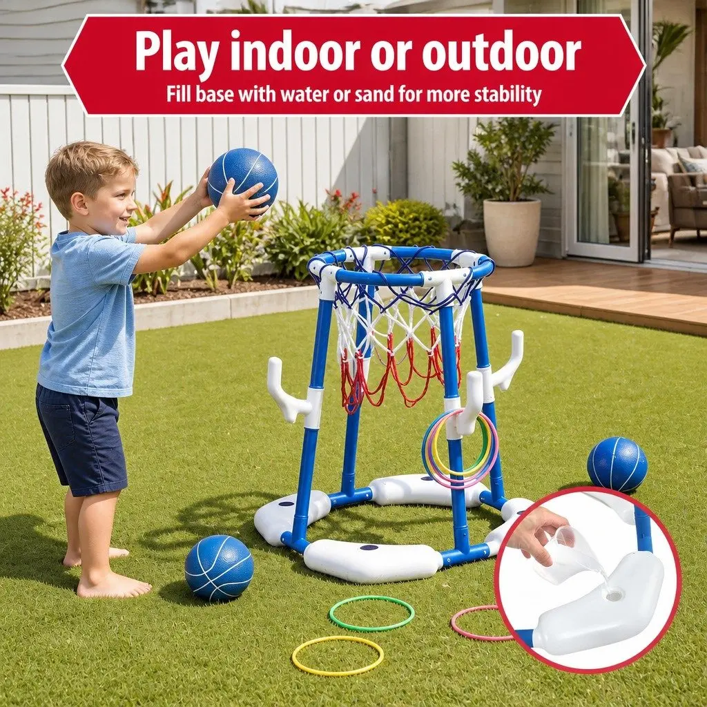 Kids Basketball Hoop Ring Toss Sports Activity Centre Indoor Outdoor Blue 43 x 33 x 77-105 cm