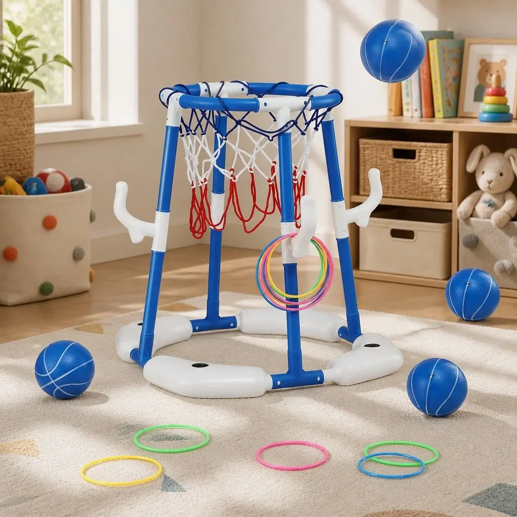 Kids Basketball Hoop Ring Toss Sports Activity Centre Indoor Outdoor Blue 43 x 33 x 77-105 cm
