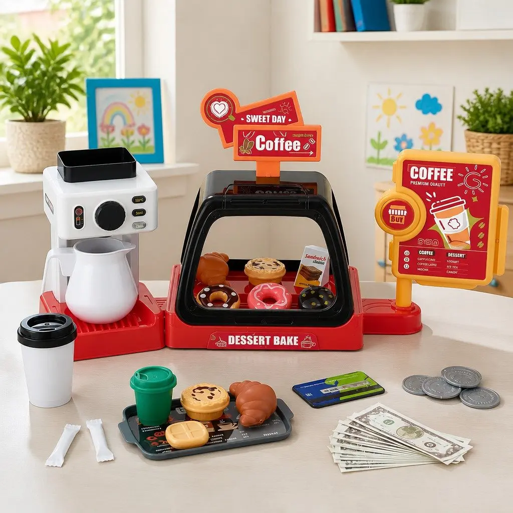 Kids Pretend Play Coffee Shop Set for Role Play with Coffee Maker Machine and Play Money