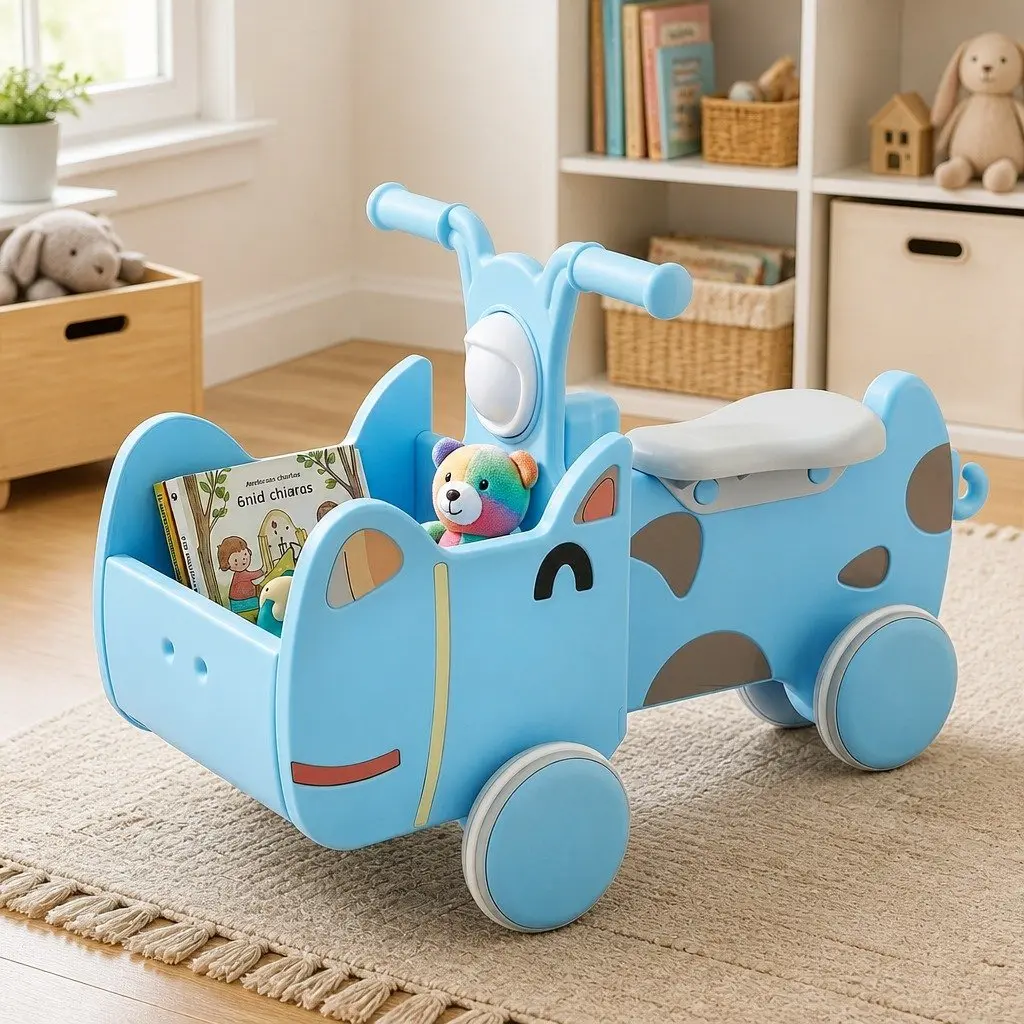 Kids Ride On Push Car Toy with Storage Blue Foot-to-Floor Vehicle for Toddlers