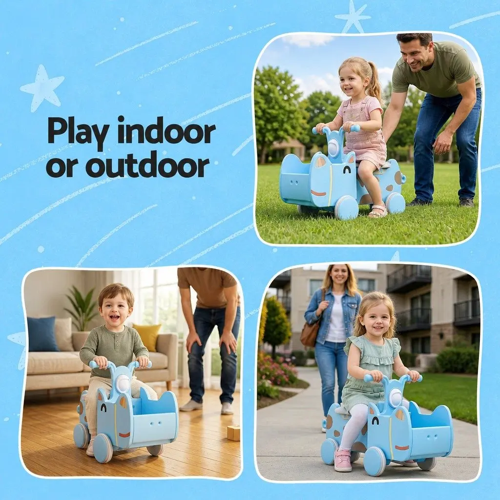Kids Ride On Push Car Toy with Storage Blue Foot-to-Floor Vehicle for Toddlers